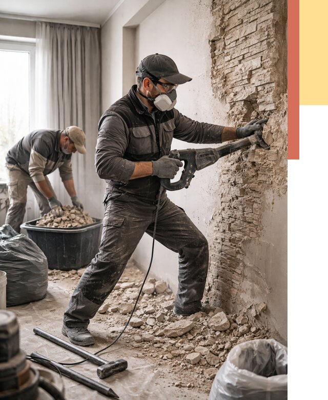 Демонтаж декоративного камня в Новокузнецке от 1490 руб/м² — быстро и недорого | ОТДЕЛОЧНИК-Нвк