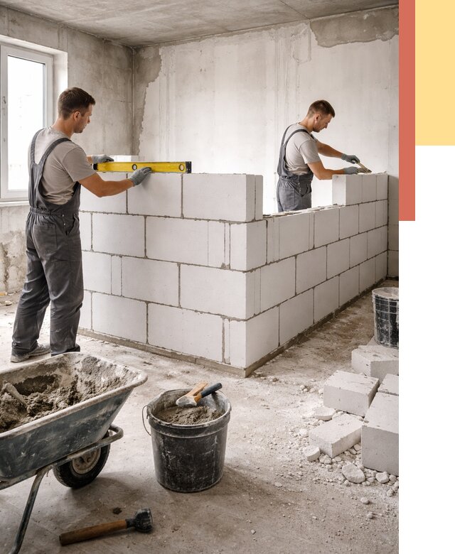 Кладка перегородок из ПГП в Новокузнецке от 2569 руб./м2 — монтаж и возведение под ключ | ОТДЕЛОЧНИК-Нвк