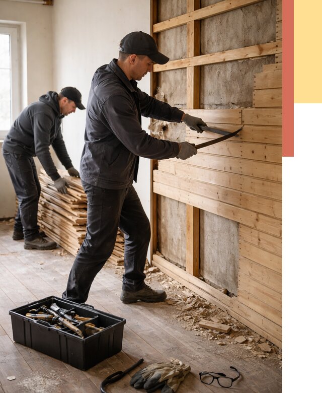 Демонтаж вагонки в Новокузнецке от 3904 руб/м2 — быстро и недорого | ОТДЕЛОЧНИК-Нвк