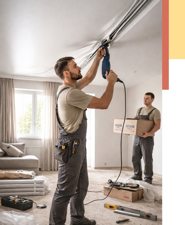 Монтаж сатинового натяжного потолка в Новокузнецке от 3596 руб. | Быстро, недорого — ОТДЕЛОЧНИК-Нвк