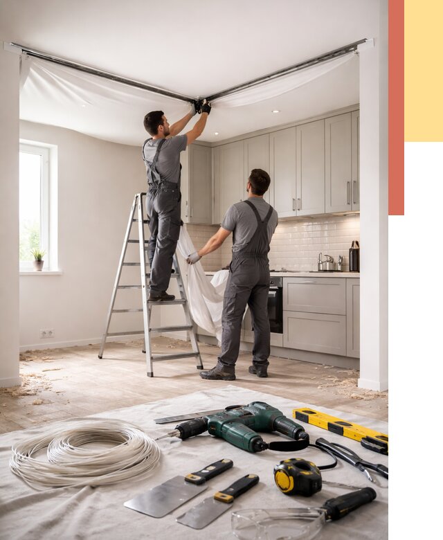 Установка натяжного потолка на кухне в Новокузнецке от 2466 руб. | ОТДЕЛОЧНИК-Нвк