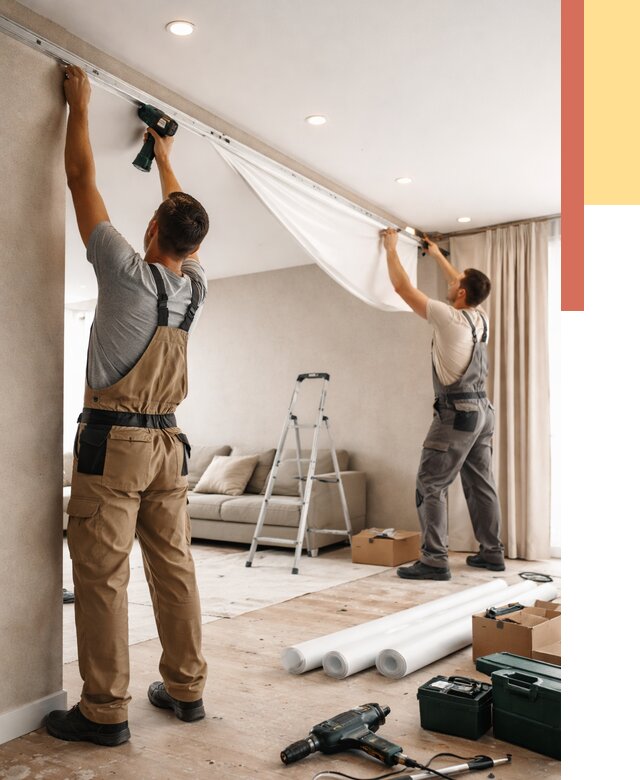 Монтаж натяжного потолка в гостиной в Новокузнецке от 565 руб. | ОТДЕЛОЧНИК-Нвк