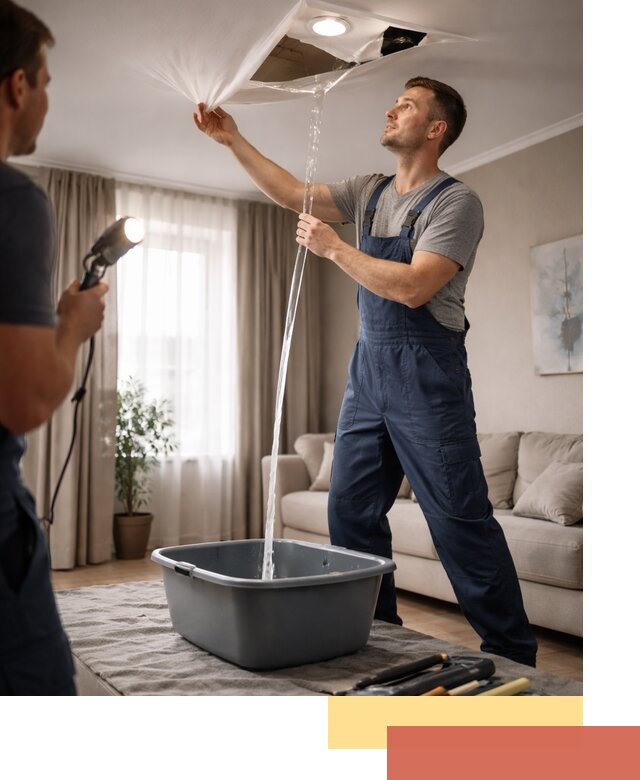 Слив воды с натяжного потолка в Новокузнецке быстро и аккуратно