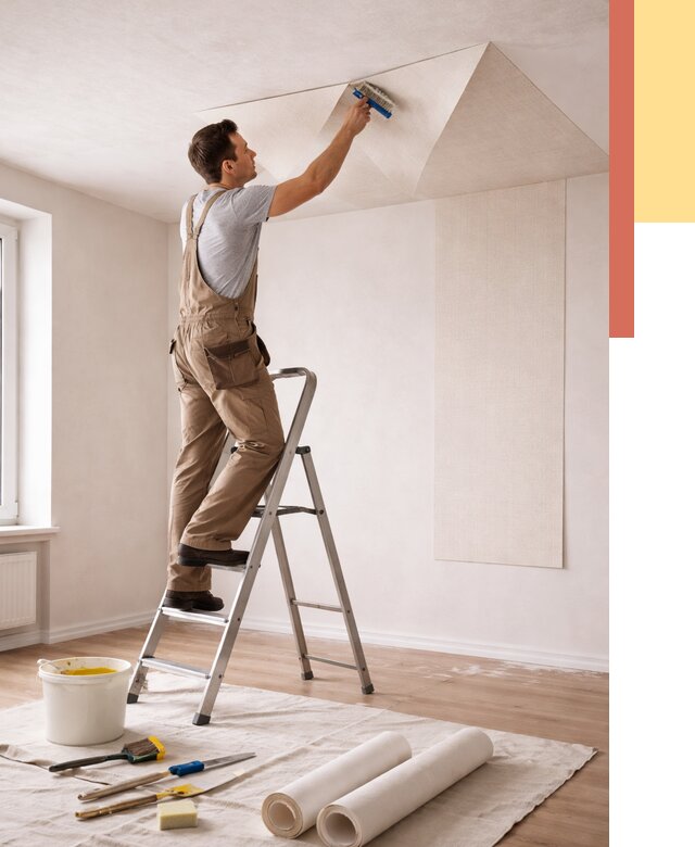 Поклейка обоев на потолок в Новокузнецке от 4623 руб. быстро и недорого | ОТДЕЛОЧНИК-Нвк